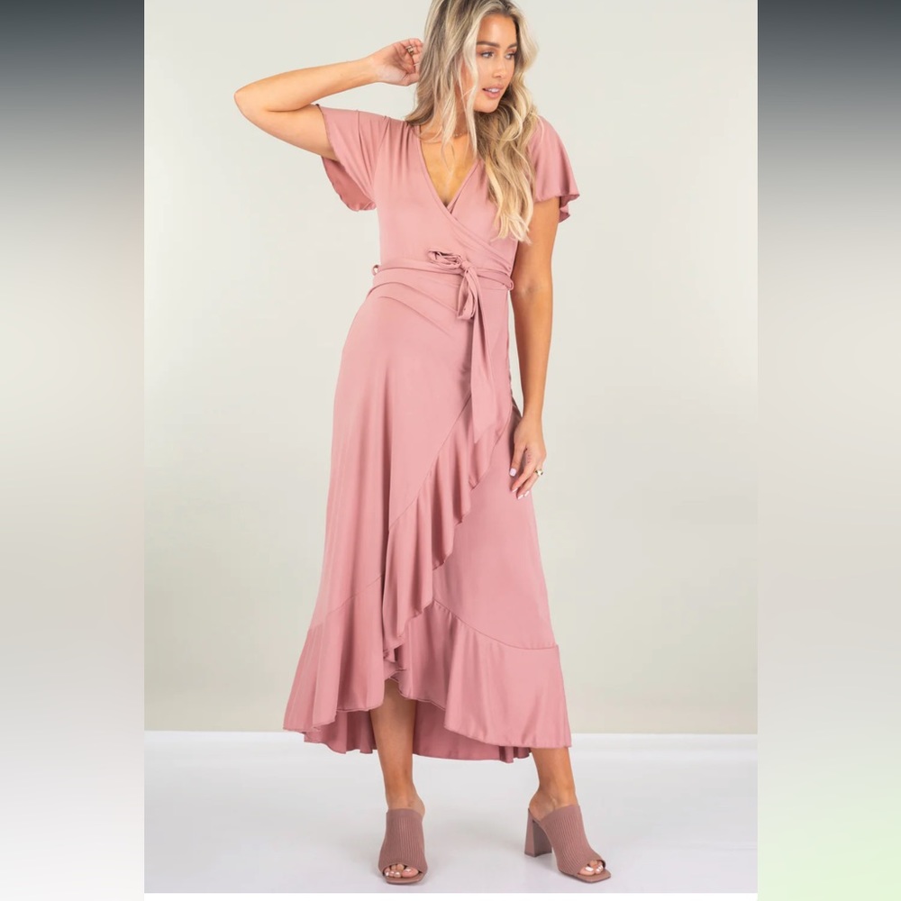 NEW Maternity Faux Wrap Butterfly Sleeve Dress with Ruffles in Light Pink